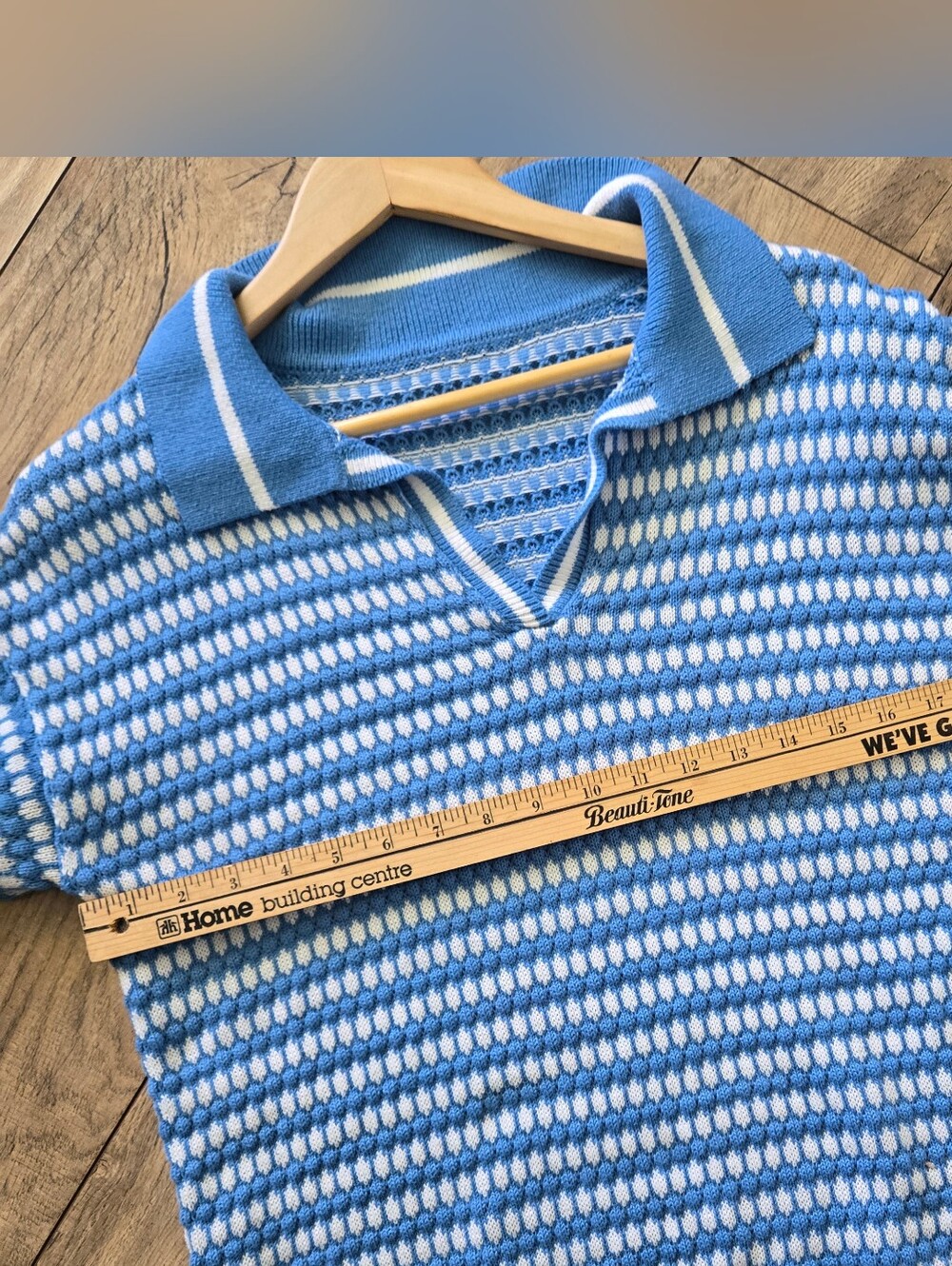 Blue And White Johnny Collar Short Sleeve Top No Label, See Pics For Meaurements - Picture 7 of 7
